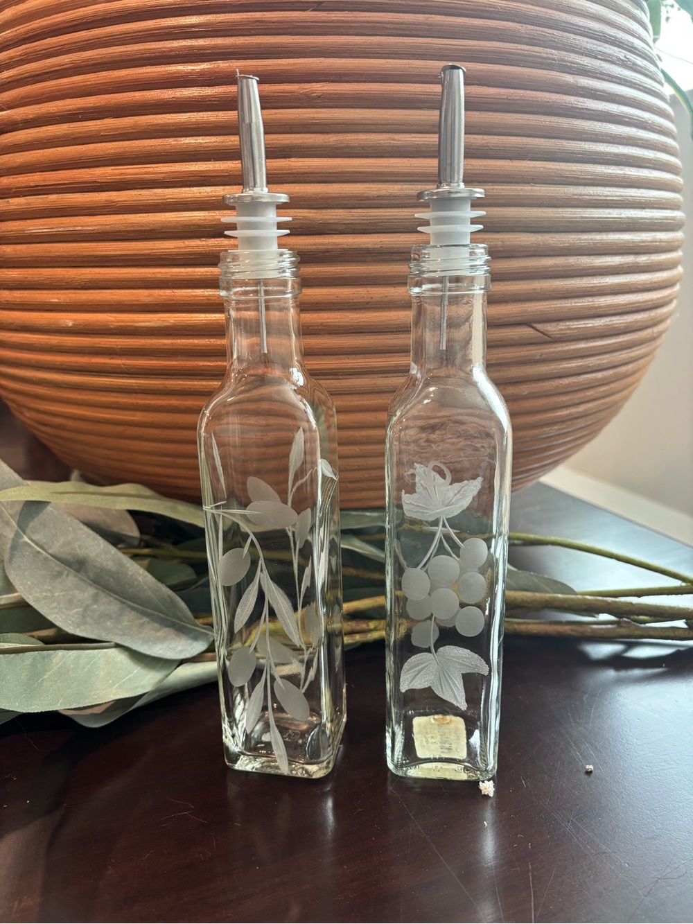 Crate & Barrel Glass Oil and Vinegar Dispenser Bottles Cruet Set Portugal